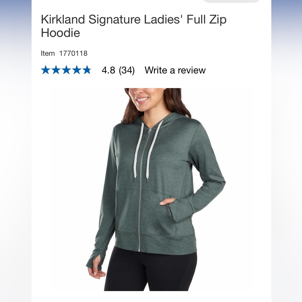 Kirkland Signature Lightweight Ladies Full Zip Hoodie color GREEN